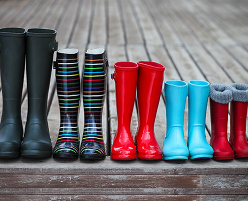 Five pairs of a colorful rain boots